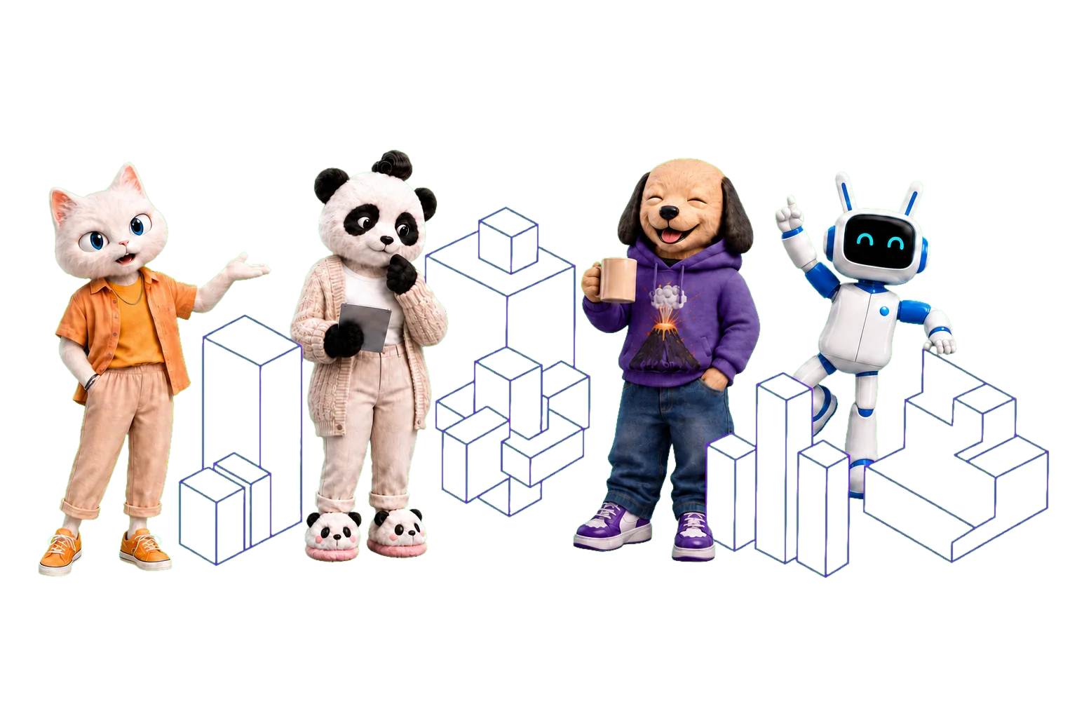 Маскоты Codenrock Vibe с модулями платформы — диагностика, ИПР, аналитика, геймификация